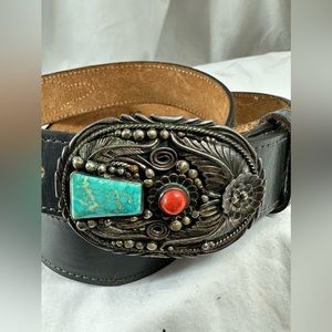 Vintage  MAX LARGO Native American turquoise and coral silver belt buckle